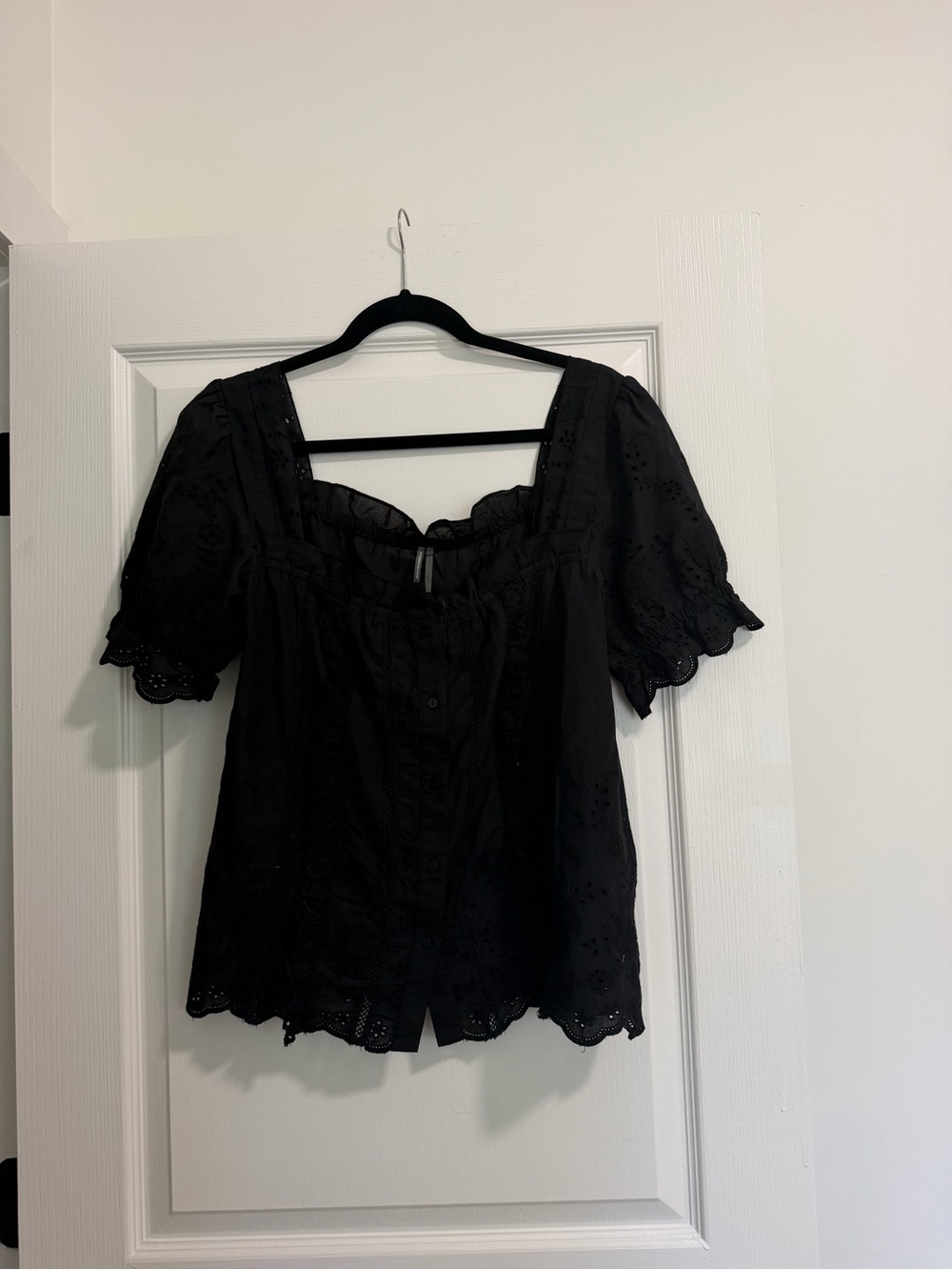 NWT Anthropologie Black Eyelet Puff-Sleeve Blouse